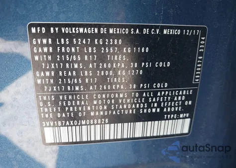 2018 Volkswagen Tiguan 2.0T S из США, поврежденный, VIN 3VV1B7AX0JM088826